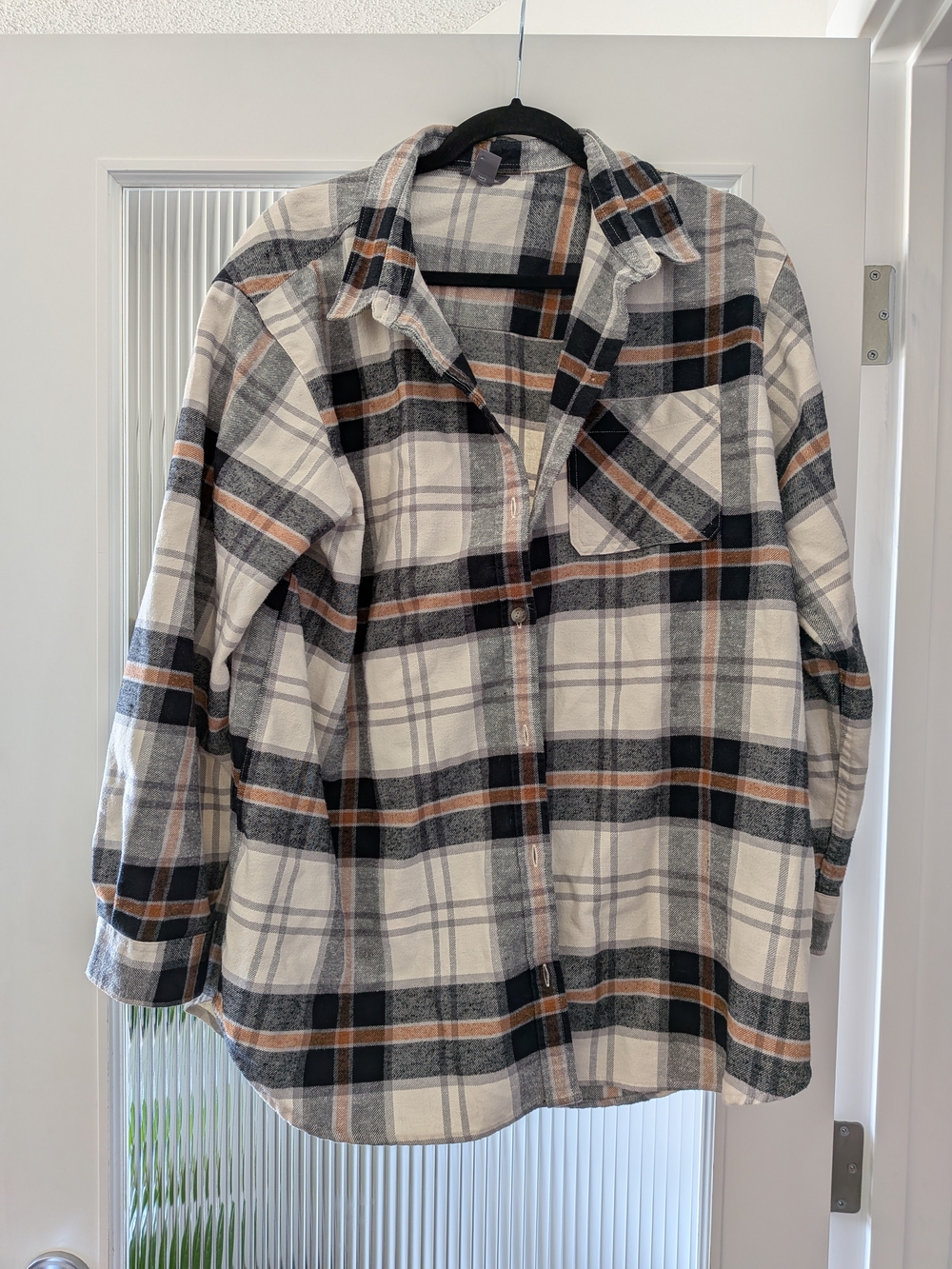 Eddie Bauer Super Cozy Cream, Black & Brown Plaid Button-Down Shirt